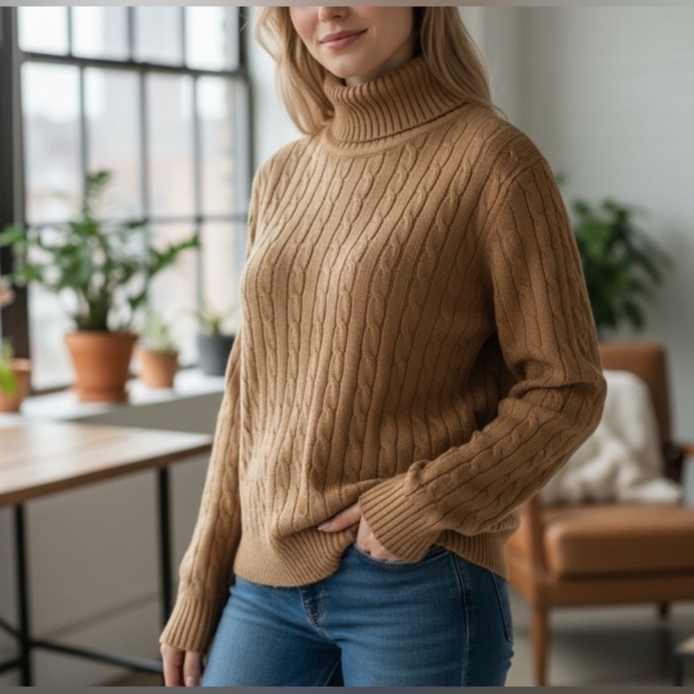 Cotton Cable Knit Turtleneck Sweater - Tan/ Camel.